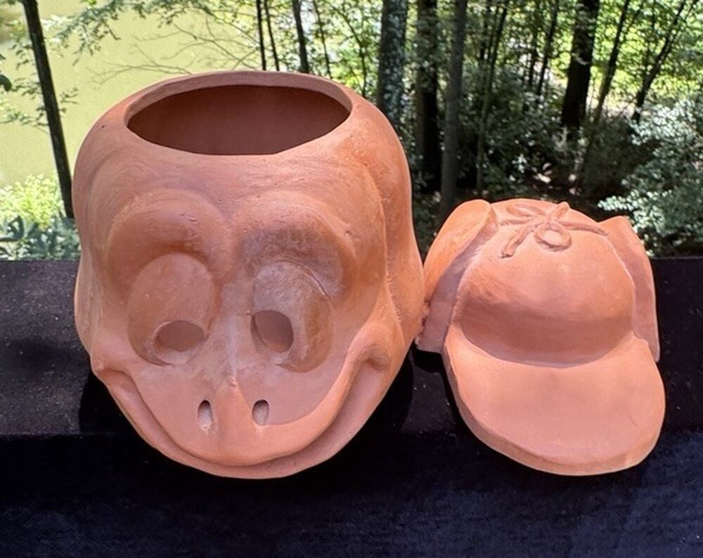 New Vtg Pottery Red Wear Scioto Mold Monkey & Hat Planter Garden Decor